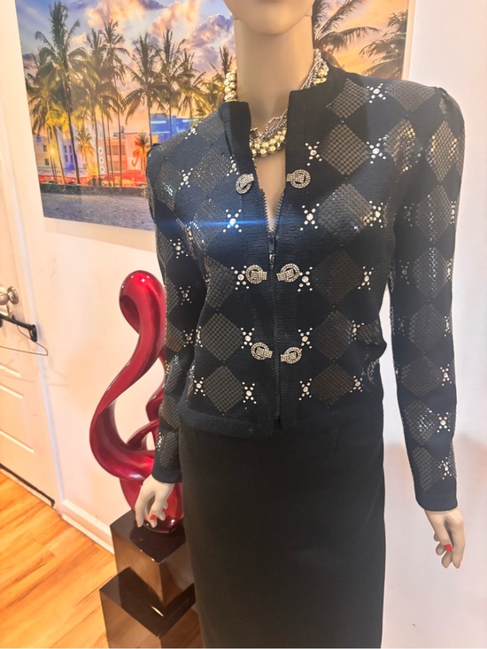 St. John Jackets & Blazers - St. John Black Sequined Diamond Knit skirt suit paillettes studs 10 M crystals